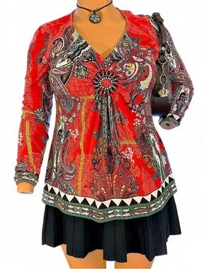Vintage Y2K ECI New York Paisley Beaded Boho Blouse L Red Green Long Sleeve